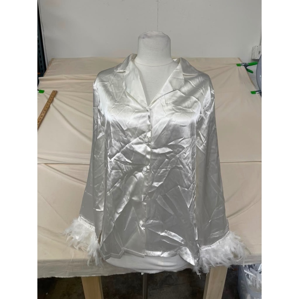 White Satin‎ Feather Trim Pajama Set XL Long Sleeve Bridal Lounge Sleepwear 2pc